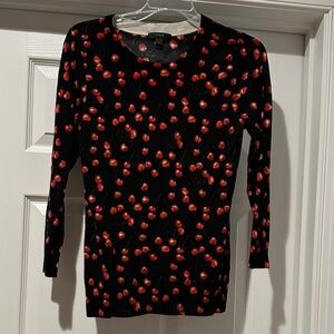 J Crew Black Sweater with Red Cherry Design